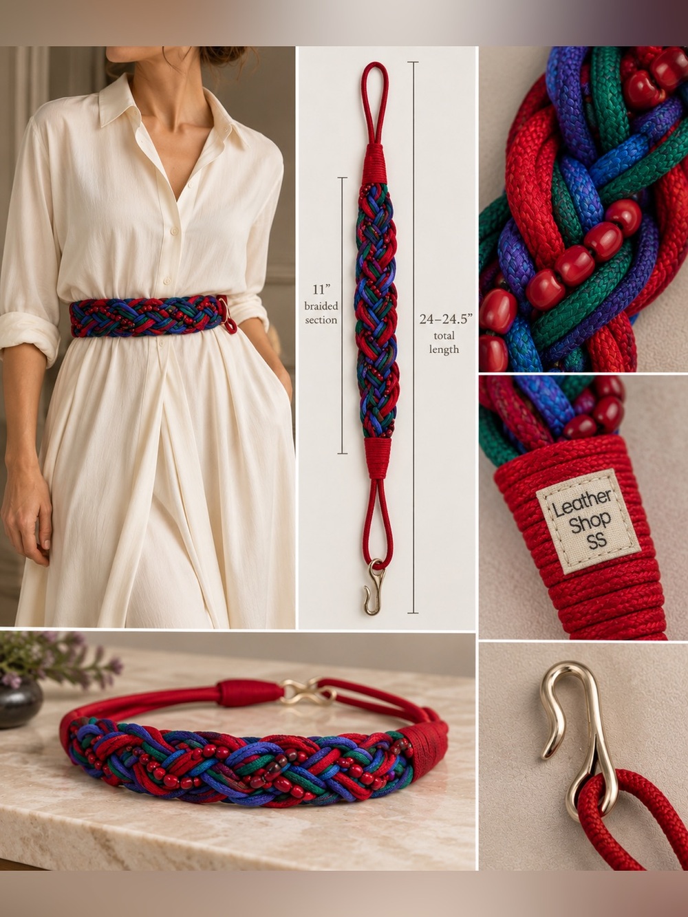 Leather Shop Braided Cord Statement Waist Belt Red Multicolor Beaded Size S